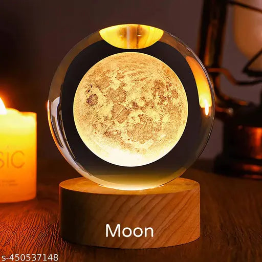 3D Moon Crystal Ball Night Lamp,Creative Engraved Crystal Ball Night Light, USB Table LED Wooden Crystal Ball for Home Office Decoration Birthday Gift Adults (Galaxy)(Warm White)