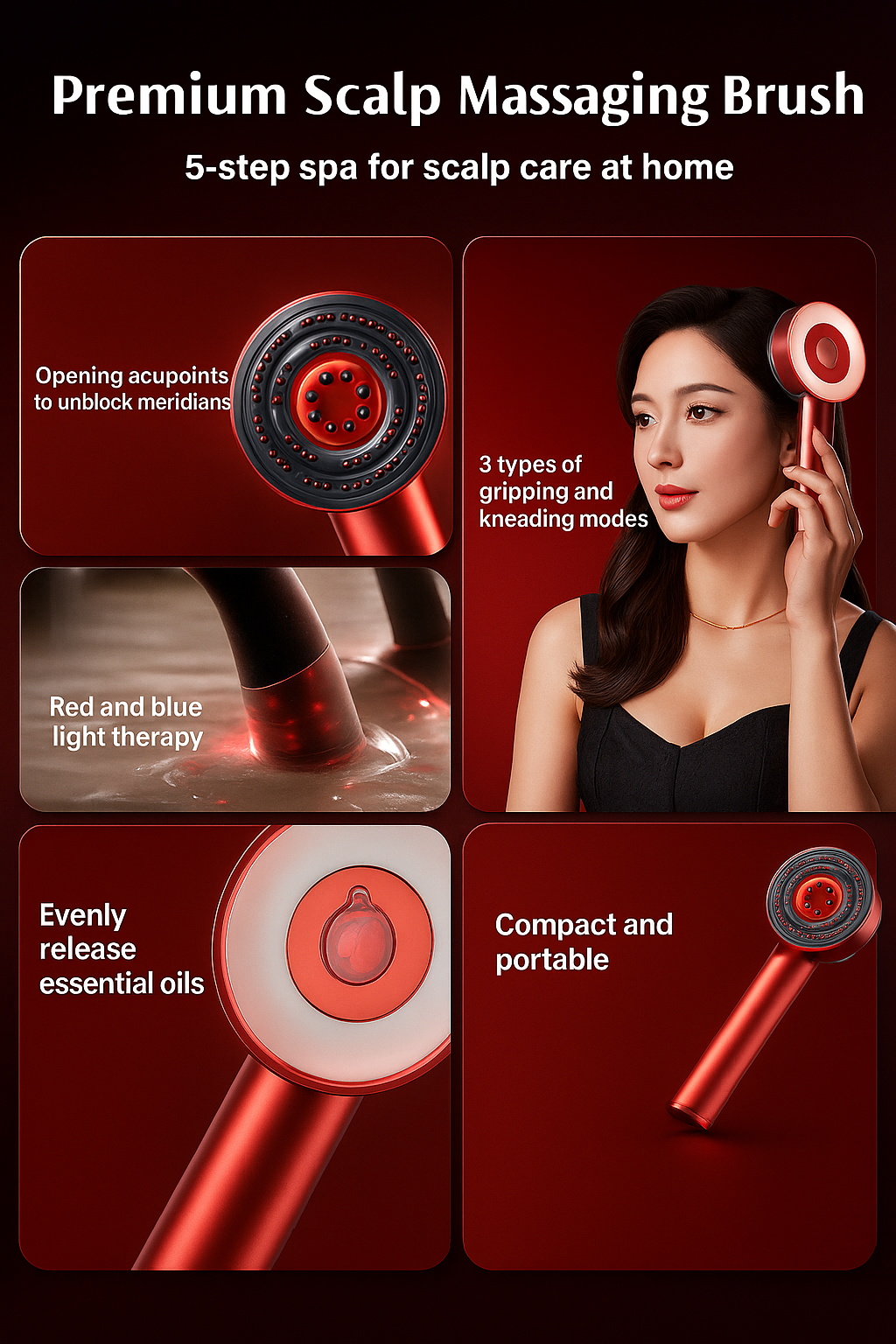 Premium 3-in-1 Electric Scalp Massager Comb | Hair Oil Applicator + Relaxing Shiatsu Massage | Waterproof, Portable & Rechargeable – Red