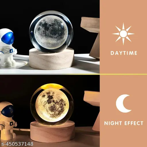 3D Moon Crystal Ball Night Lamp,Creative Engraved Crystal Ball Night Light, USB Table LED Wooden Crystal Ball for Home Office Decoration Birthday Gift Adults (Galaxy)(Warm White)