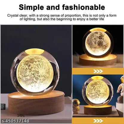 3D Moon Crystal Ball Night Lamp,Creative Engraved Crystal Ball Night Light, USB Table LED Wooden Crystal Ball for Home Office Decoration Birthday Gift Adults (Galaxy)(Warm White)
